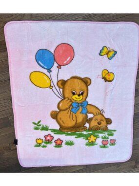Vintage Mink Baby Blanket Bear Puppy Balloons Butterflies Plush Soft Kawaii Cute